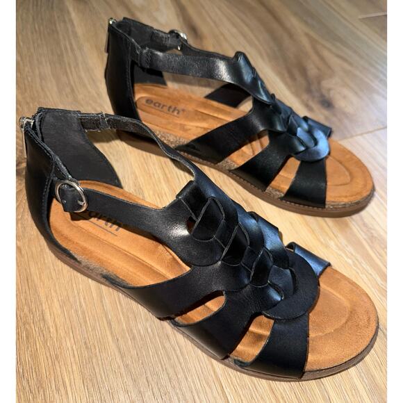 Earth Dale Flat Sandal Black Leather - size 8 - T4 - Picture 3 of 11